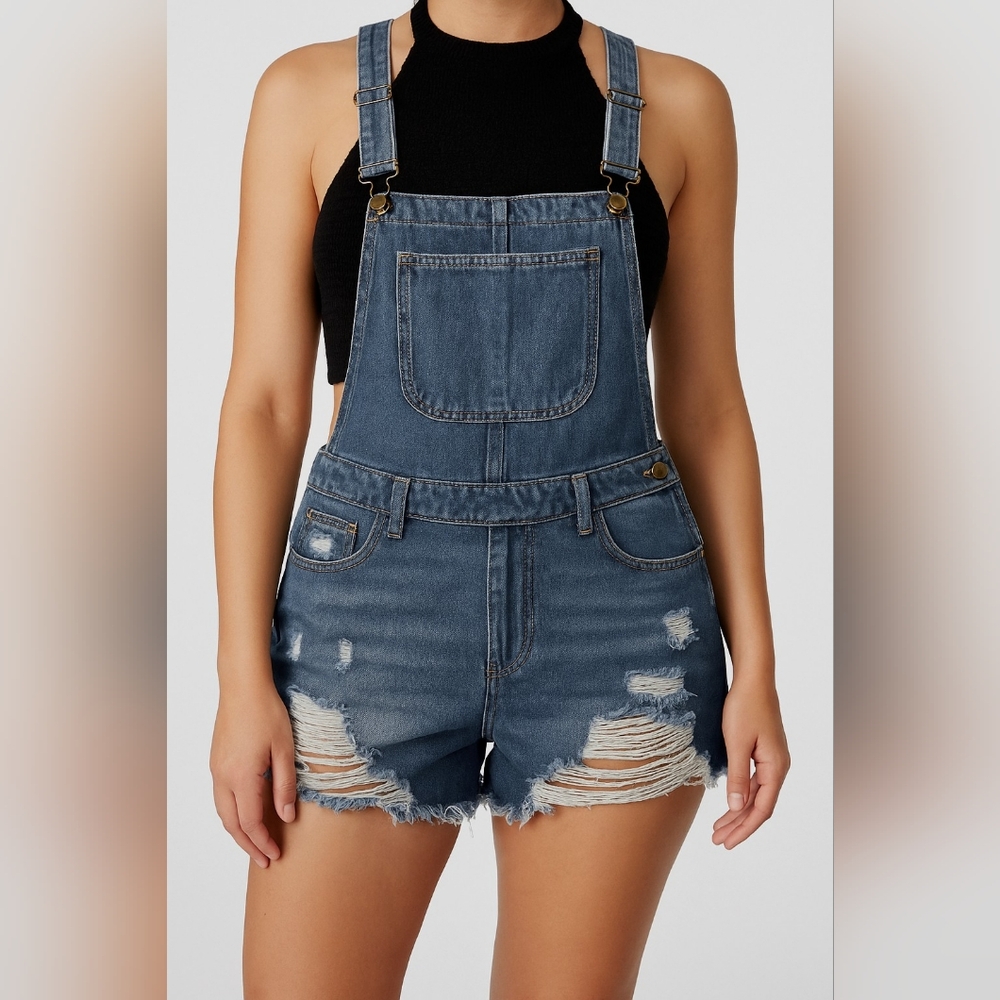 Distressed Denim Overall Jean Shorts - 0XL - NWOT